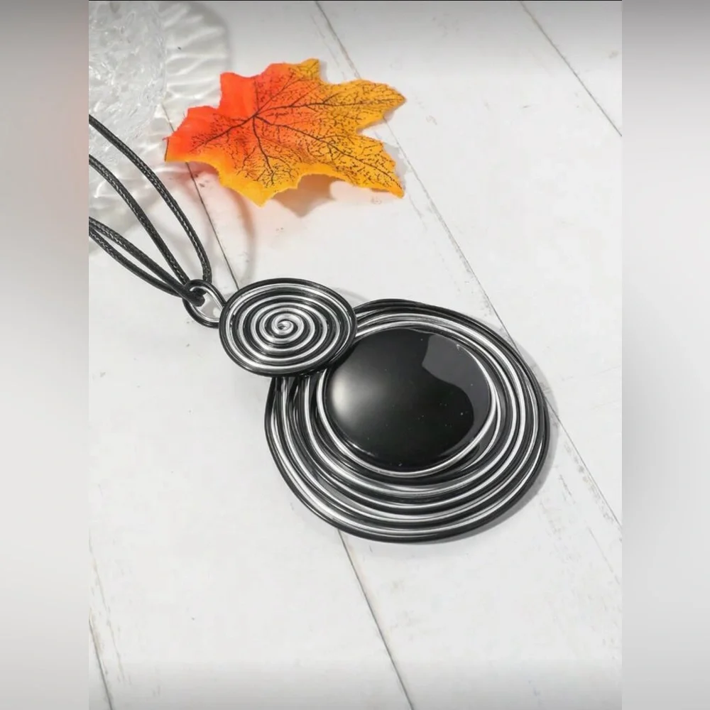 NWT Black & Silver Pendant Necklace Long Cord Spiral Circle Modern Boho 31.5”+Ex